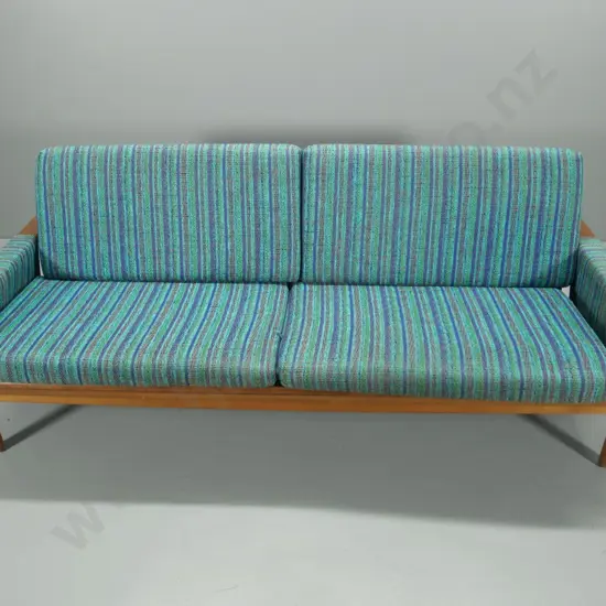 mid-century Don convertible 4-seater settee/ divan bed with striped tweed fabric, some fading on arms H810 W2150 D830