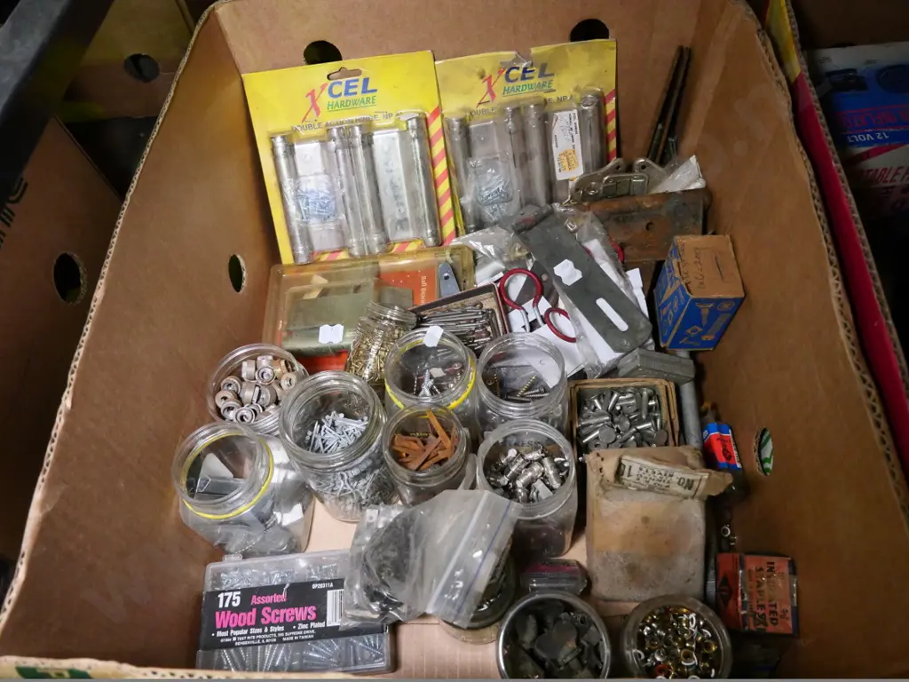 box of double door hinges, cotter pins, nails, etc. Image 1++