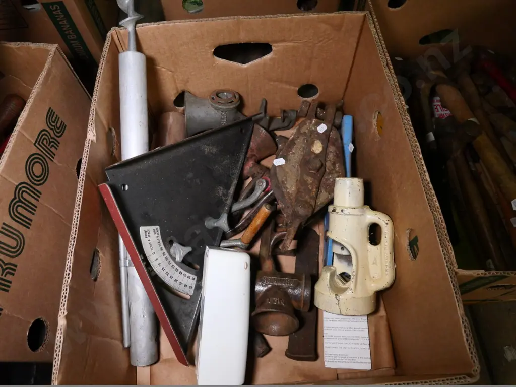 box of vintage pulleys, benchtop mincers, etc. Image 1++