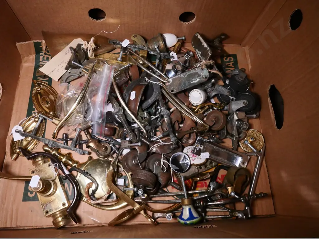 box of hardware - casters, cupboard handles, etc. Image 1++