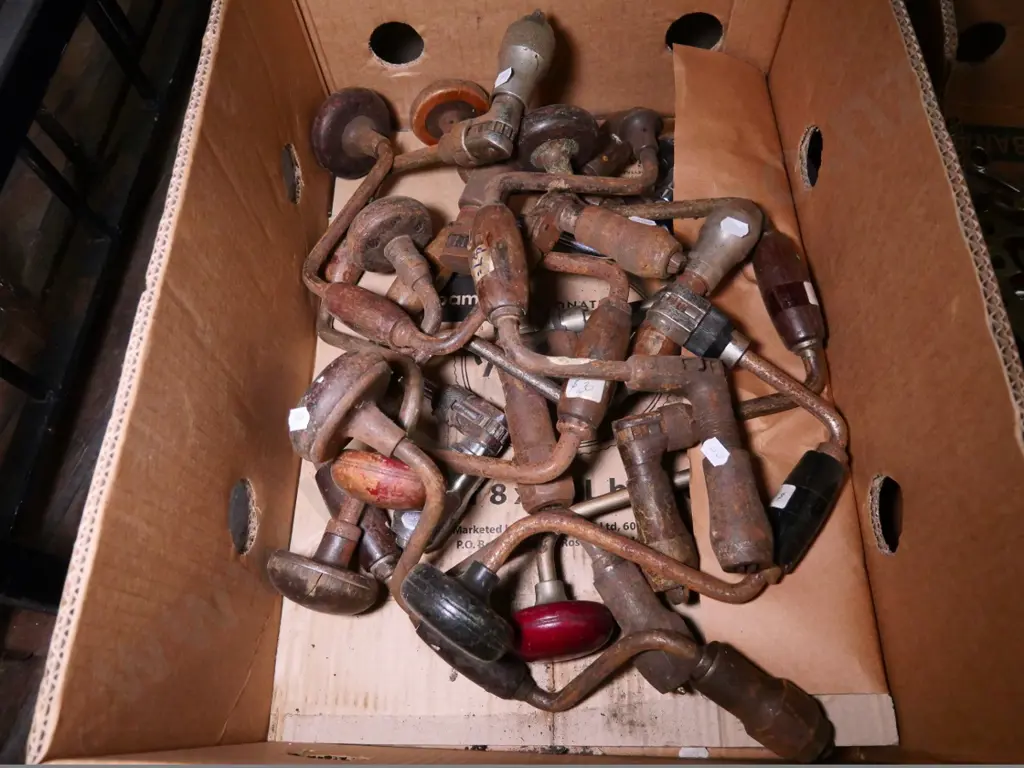 box of vintage carpenter's drill braces Image 1++