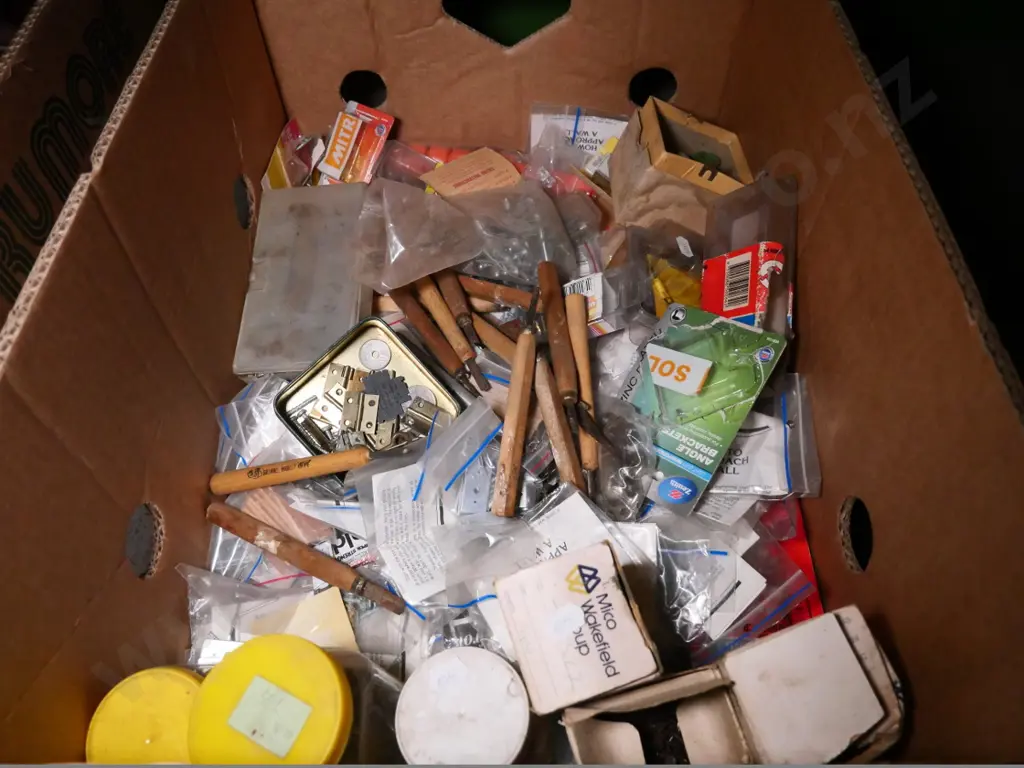 box of allsorts - hinges, rivets, small carving chisels, etc. Image 1++