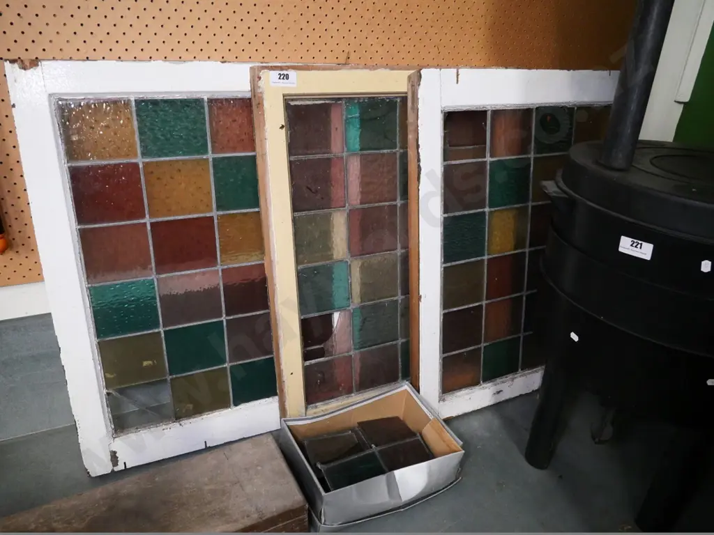 3 multi-coloured glass window panes and additional glass pieces. Each H-780 W-600 Image 1++