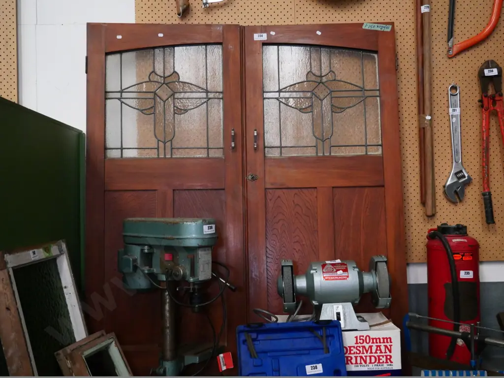 pair of wood and leadlight cupboard doors H-1300 W-1100 combined Image 1++
