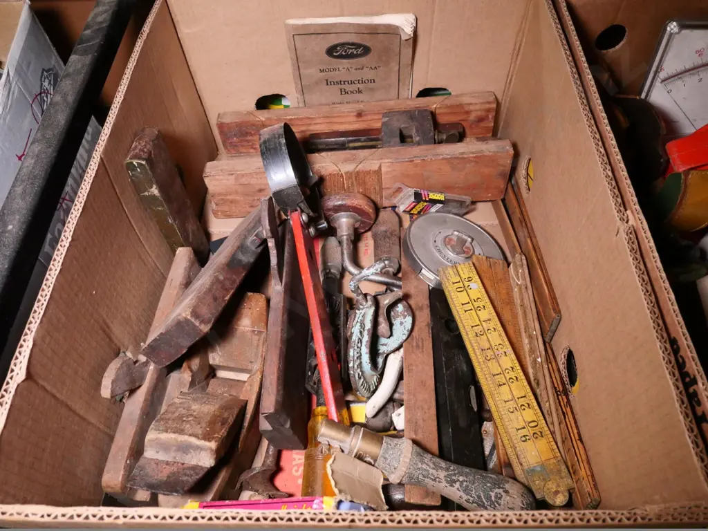 box of wooden rebate planes, rulers, tape measure, etc. Image 1++