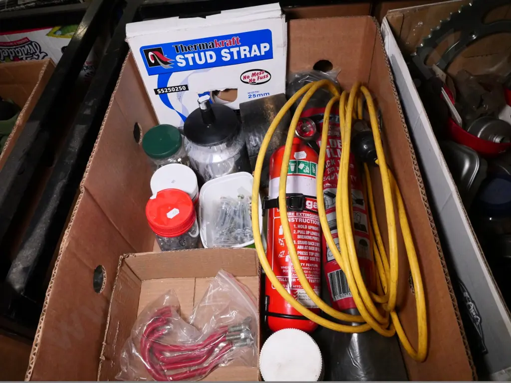 box of fire extinguishers, extension cord, stud strap, etc Image 1++