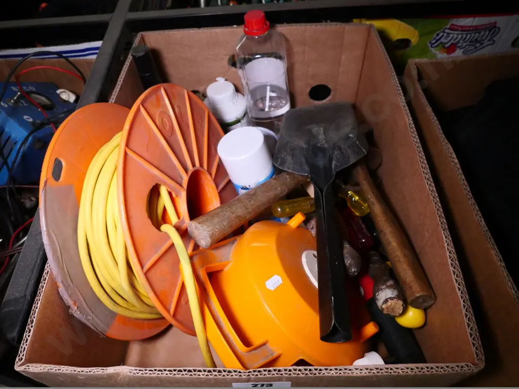 box of hammers, extension cords, hearth brush, etc. Image 1++