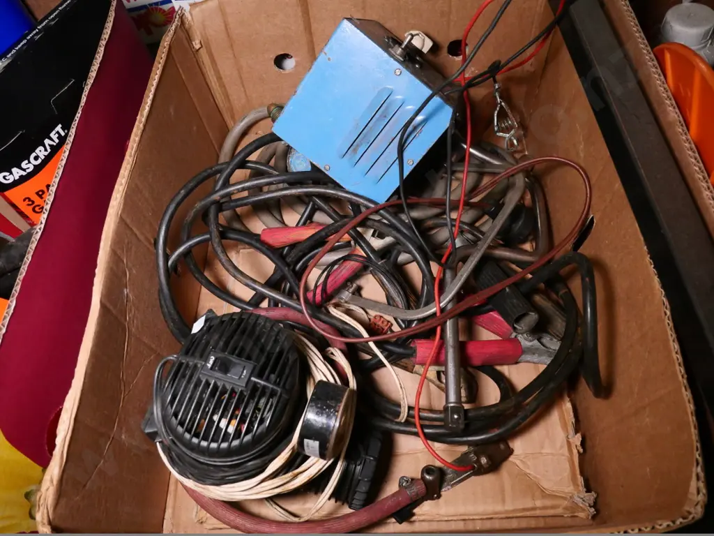 box of jumper leads, 12v pump, battery charger, etc. Image 1++