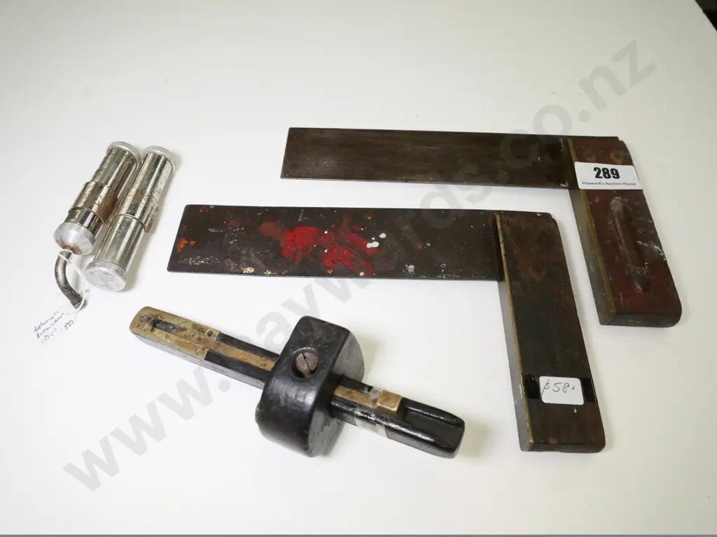 2 vintage builder's squares, marker gauge, and small blowtorches Image 1++