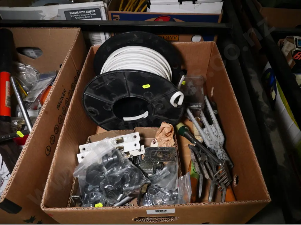 box of electrical cable, gardening tools, door hardware, etc. Image 1++