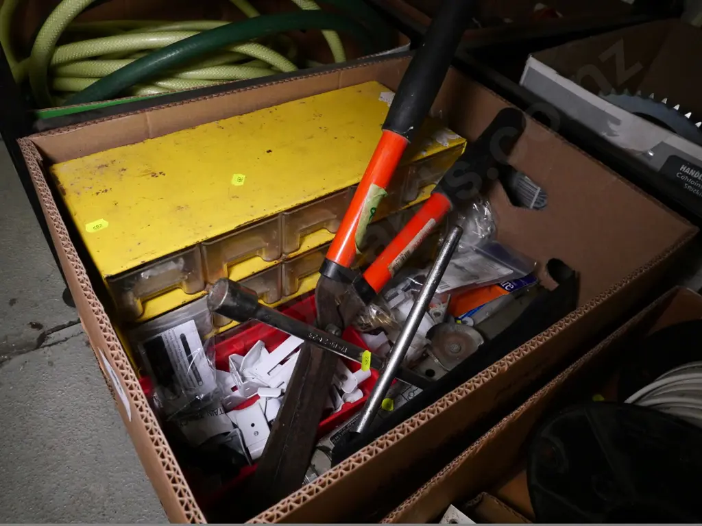 box of hedge trimmers, car jack, small storage drawers, etc. Image 1++