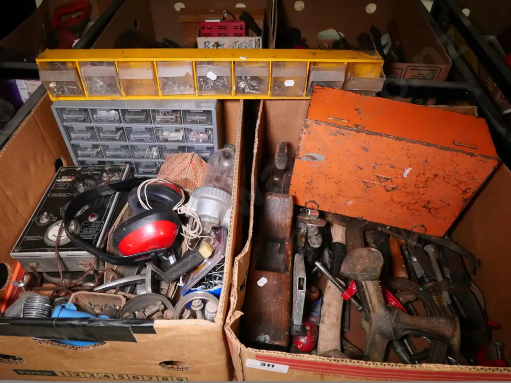 2 boxes allsorts: wooden planes, earmuffs, shoe lasts, small storage chests, etc. Image 1++