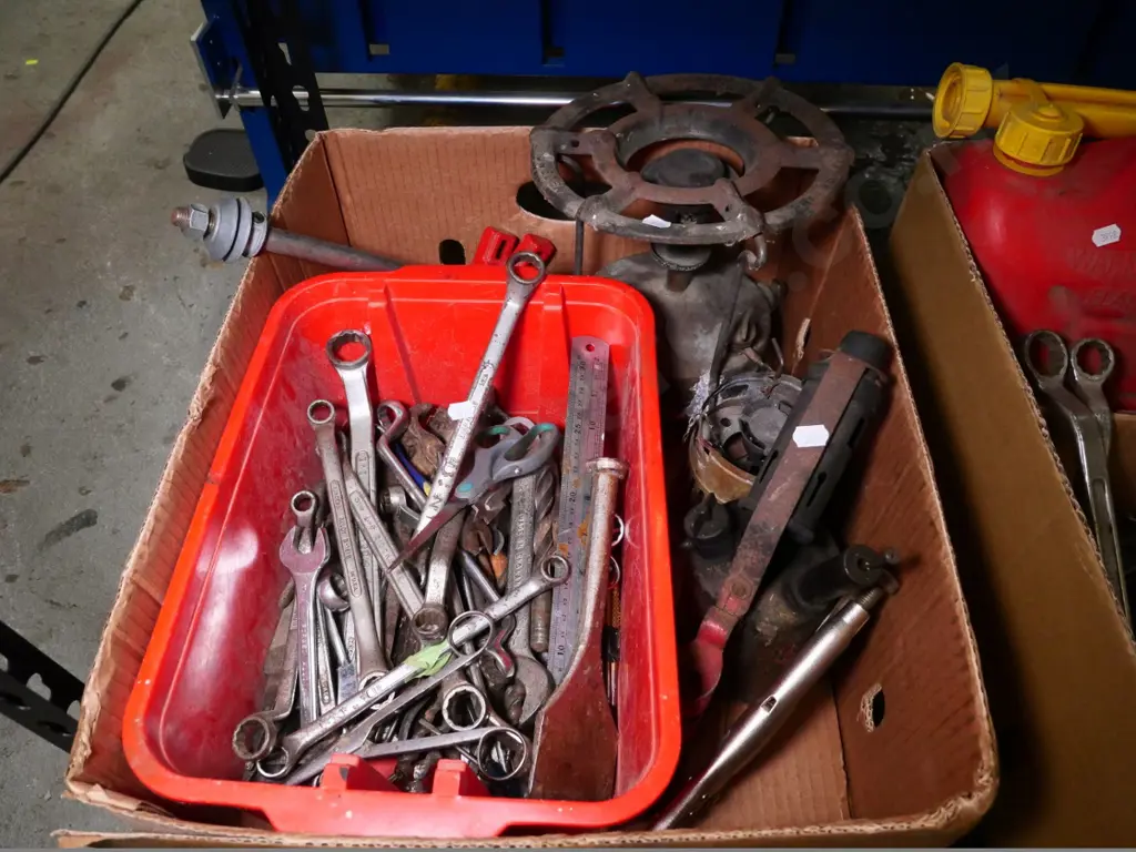 box of vintage primus, blowtorch, open-ended ring spanners, etc Image 1++