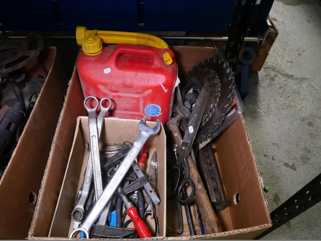 box of vintage saw blades, fuel container, hammers, scissors, etc Image 1++