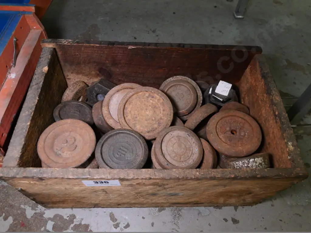 wooden box of vintage scale weights Image 1++