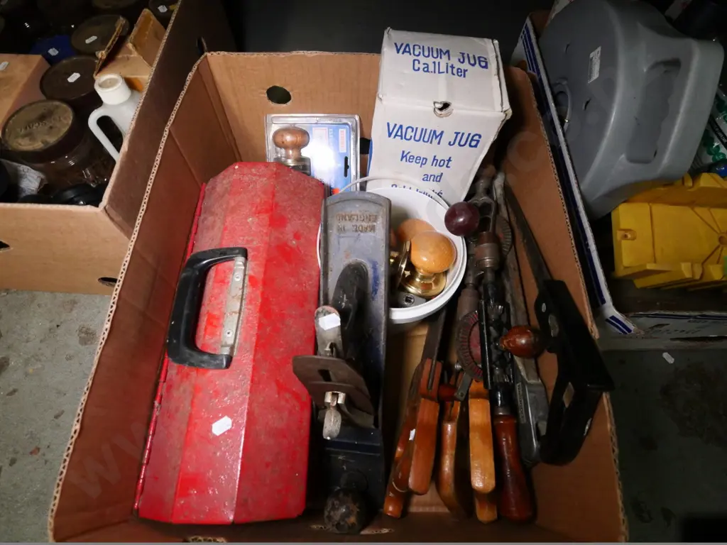box of eggbeater drills, hand planes, cupboard handles, etc. Image 1++