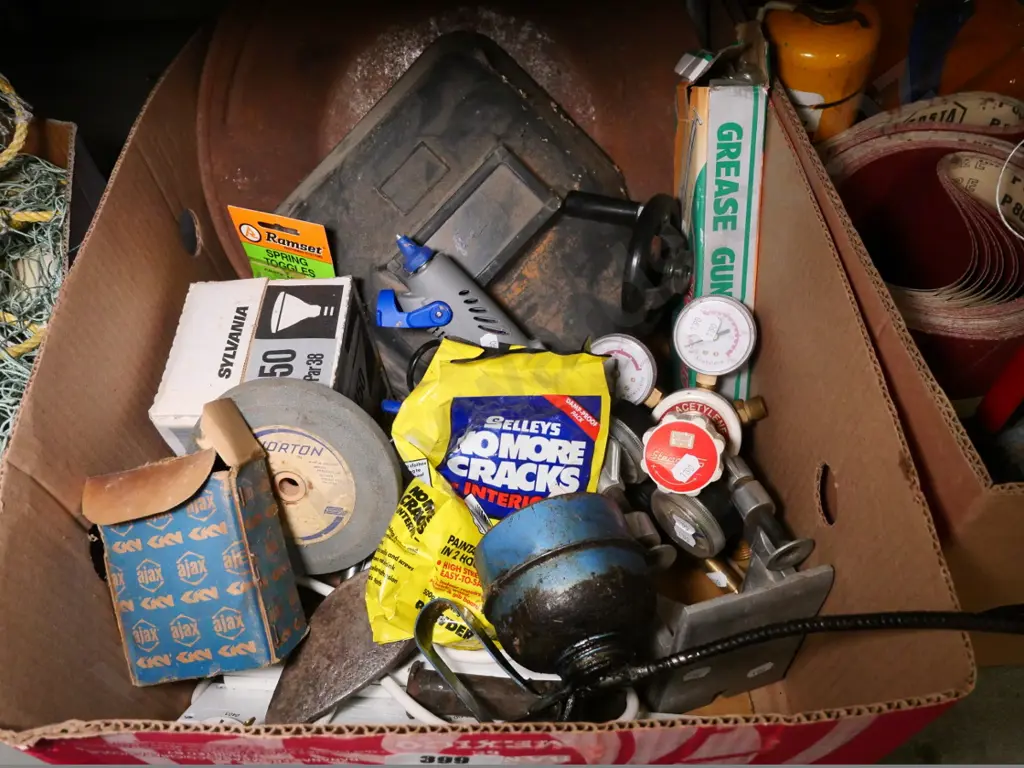 box of allsorts - electric glue gun, oiler, welder's mask, etc. Image 1++