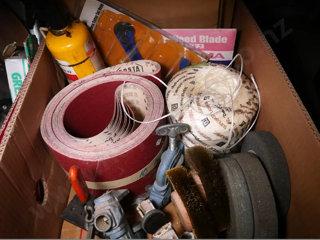 box of allsorts: saw blades, sandpaper, string, etc. Image 1++