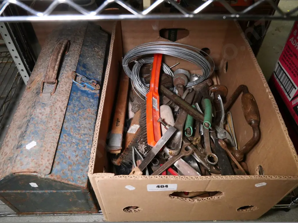 toolbox and a box of spanners, wire brushes, wire, etc. Image 1++