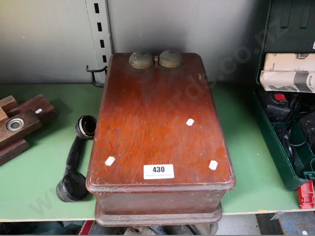 part vintage wall-mount wood-cased telephone Image 1++
