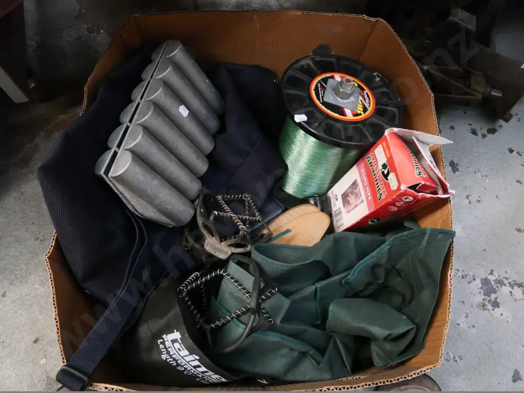 box of fly rod bags, fishing line, camo tape, etc. Image 1++