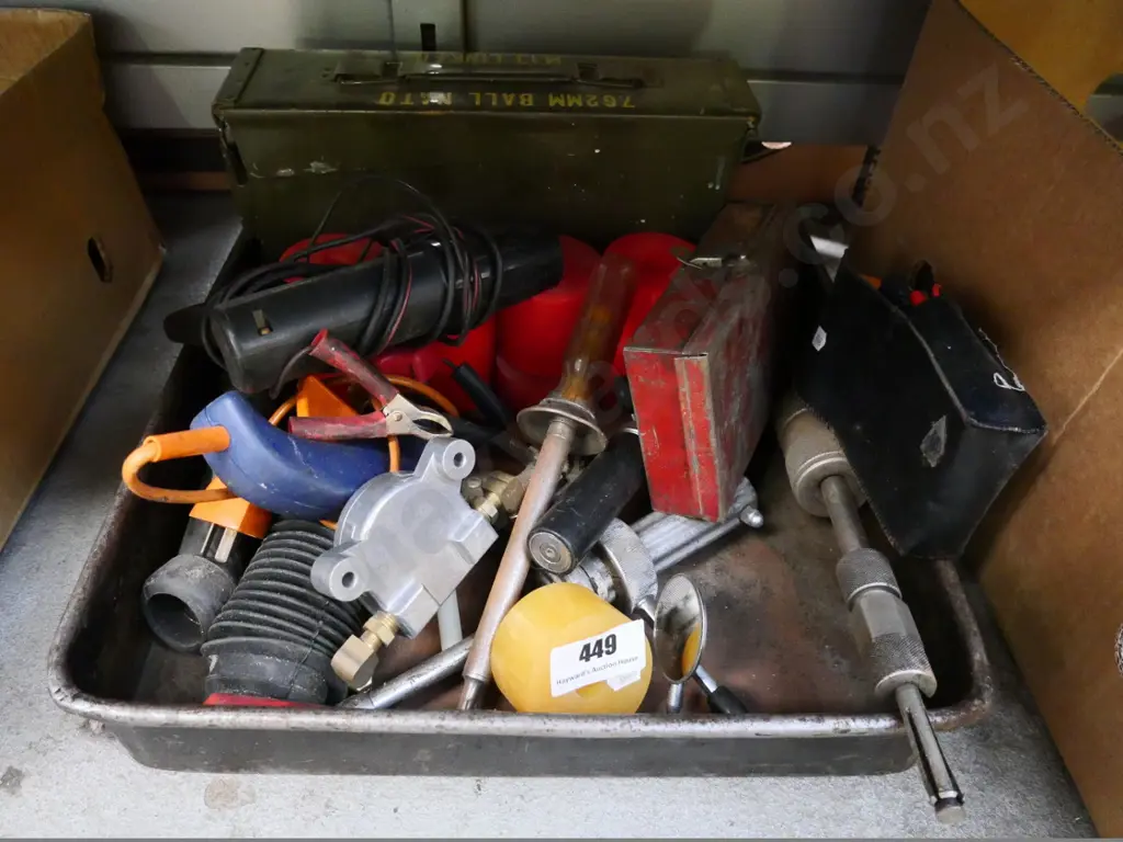 metal tray and contents - ammo box, glue gun, voltmeter, etc. Image 1++