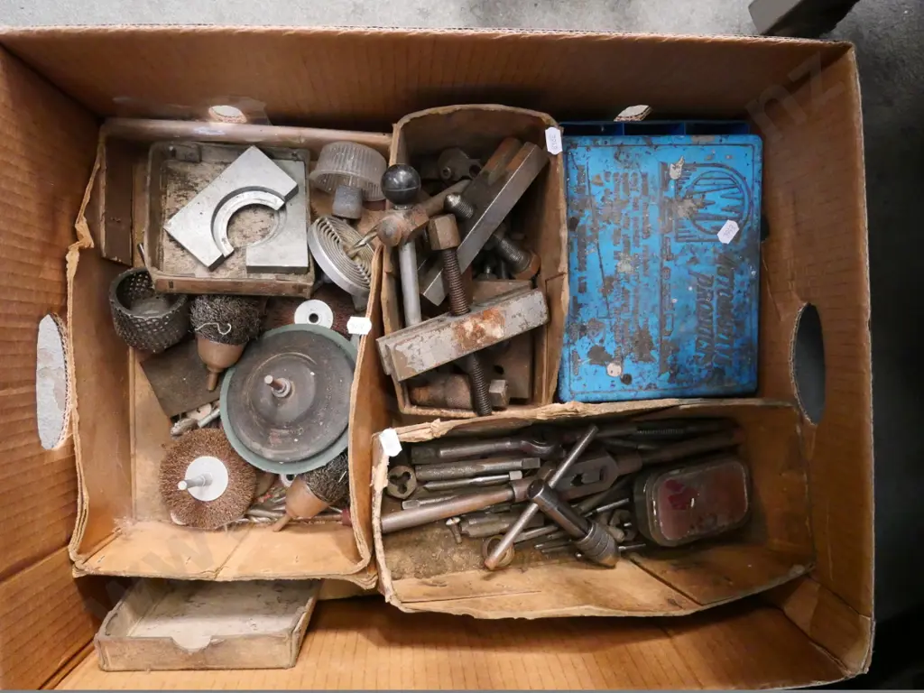 box of allsorts - wire brushes, sanding discs, small tap & die, etc. Image 1++