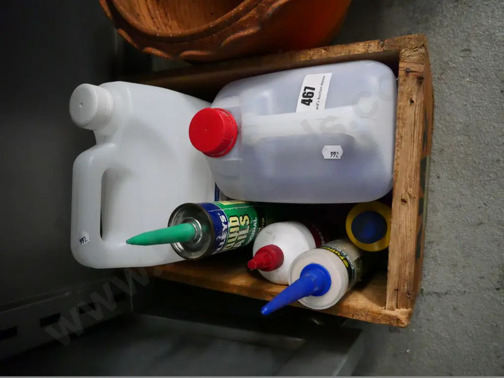 wooden box of cleaner, meths, liquid nails, etc. Image 1++