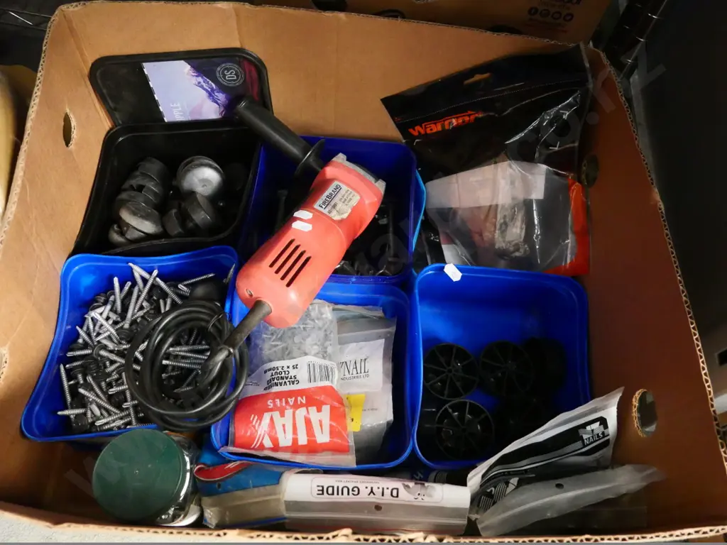 box of roofing screws, angle grinder, casters, etc. Image 1++