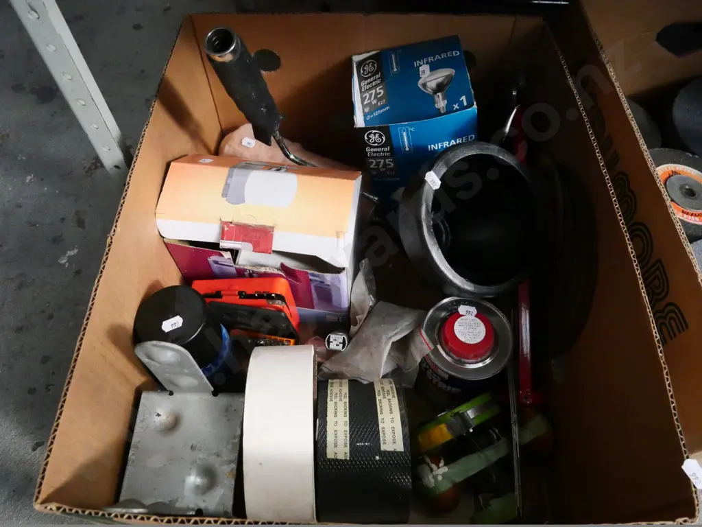 box of allsorts: cutoff discs, paintroller, fuel funnel, etc. Image 1++