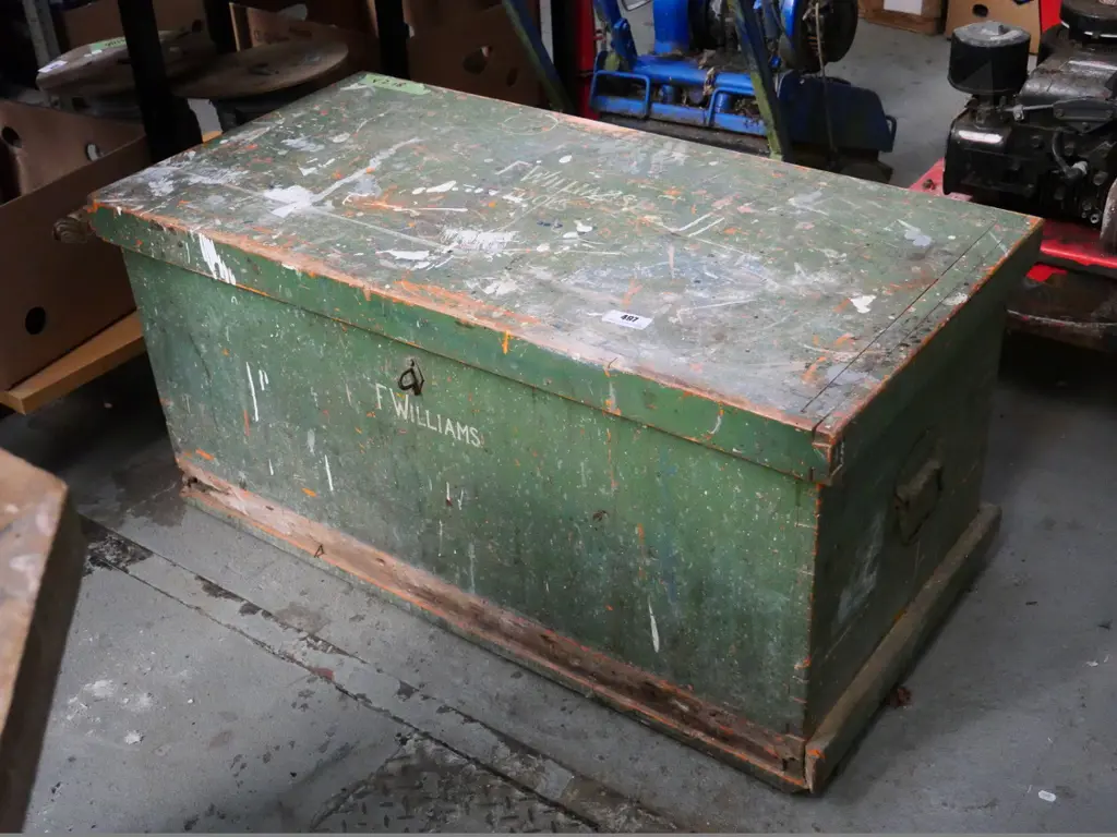 vintage woodworker's chest on casters - some borer Image 1++