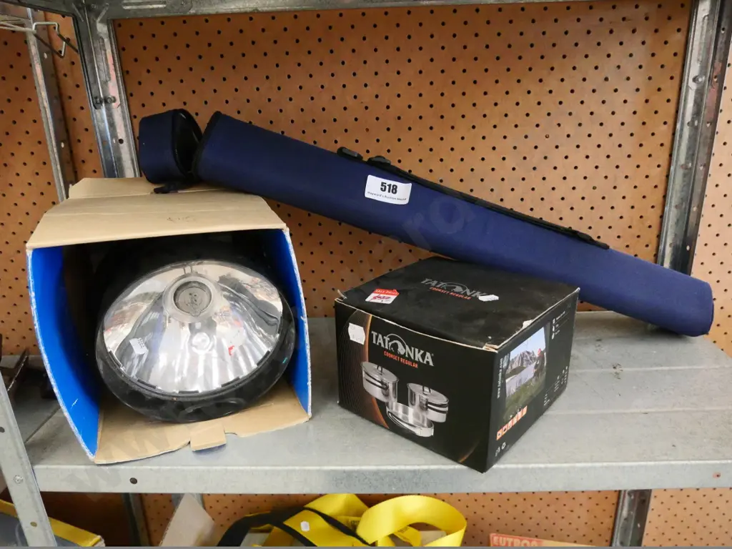 fly fishing rod, 12v lamp, and a camping cook set Image 1++