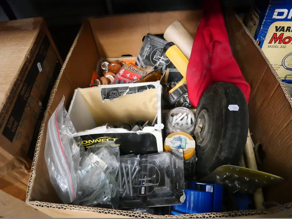 box of allsorts: door hardware, roofing screws, red flags, etc. Image 1++