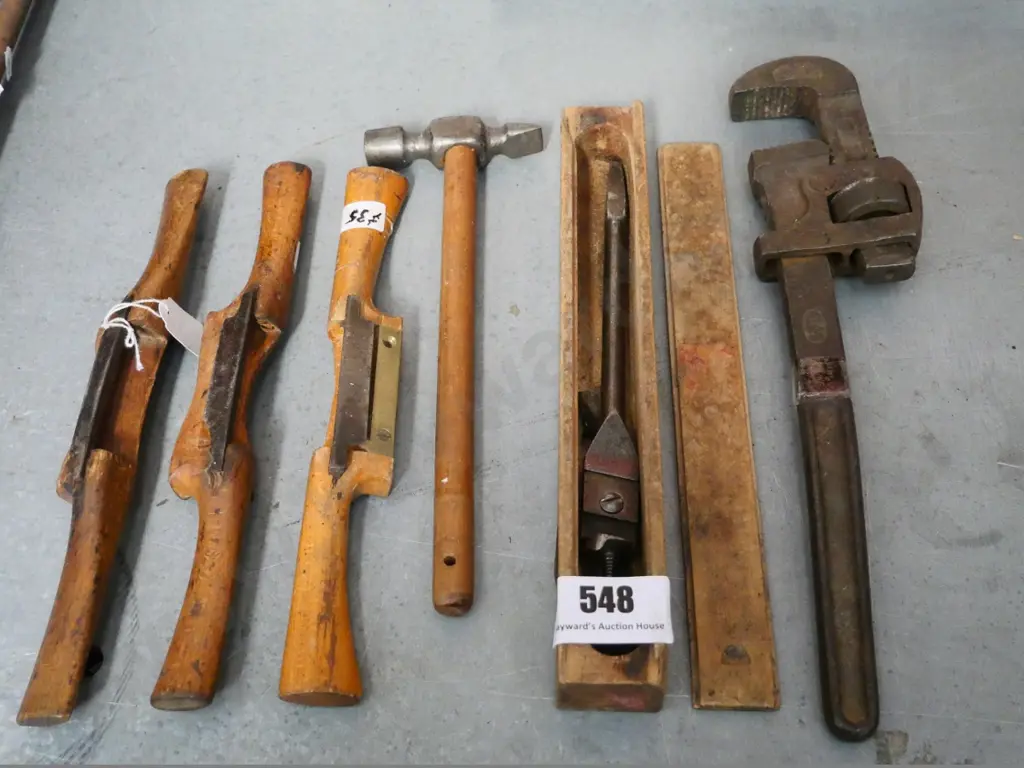 vinatage tools - spokeshaves, plumber's wrench, adjustable spade bit Image 1++