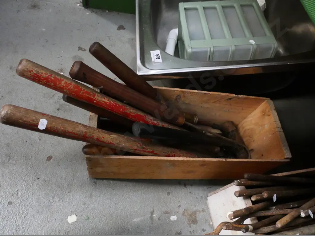 box of vintage garden loppers, hedge trimmers, ball peen hammer, etc. Image 1++