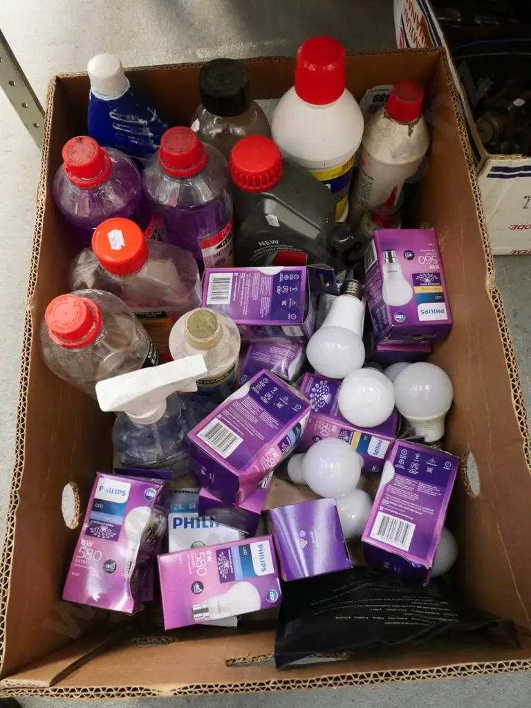 box of cleaning supplies, meths, lightbulbs Image 1++