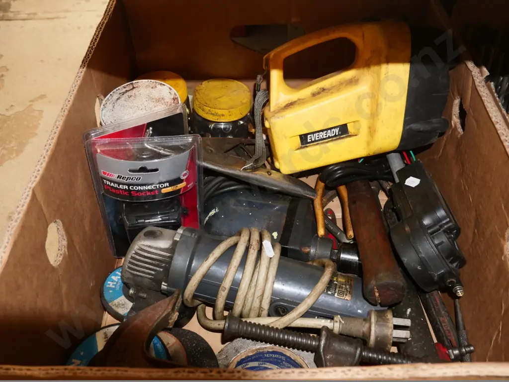 box of angle grinder, corded drill, trailer connectors, etc. Image 1++