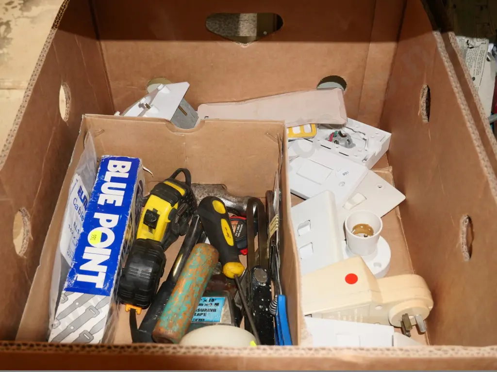 box of electrical switches, tape measures, hammer, etc. Image 1++