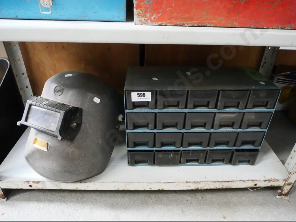 welder's mask and a set of small hardware drawers and contents Image 1++