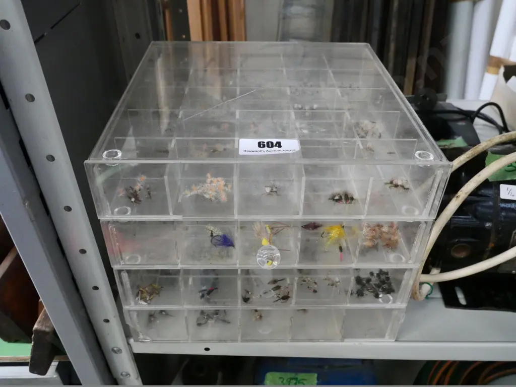 set of small perspex drawers and numerous fly fishing lures Image 1++