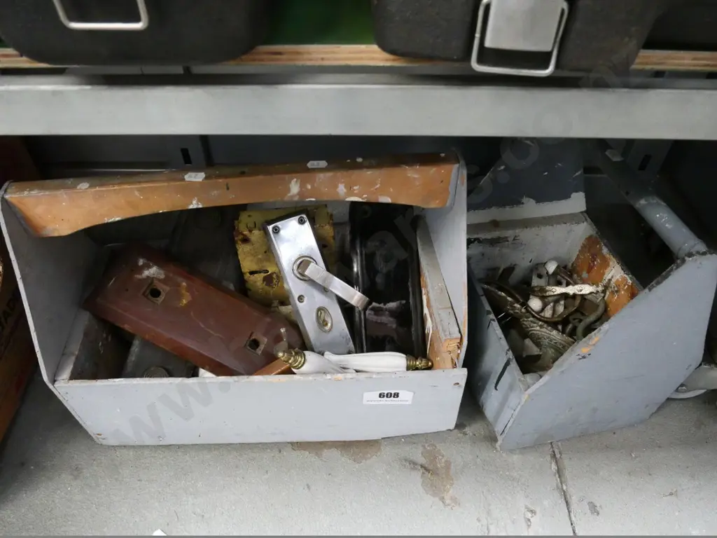 2 wooden boxes and contents - door hardware, etc. Image 1++
