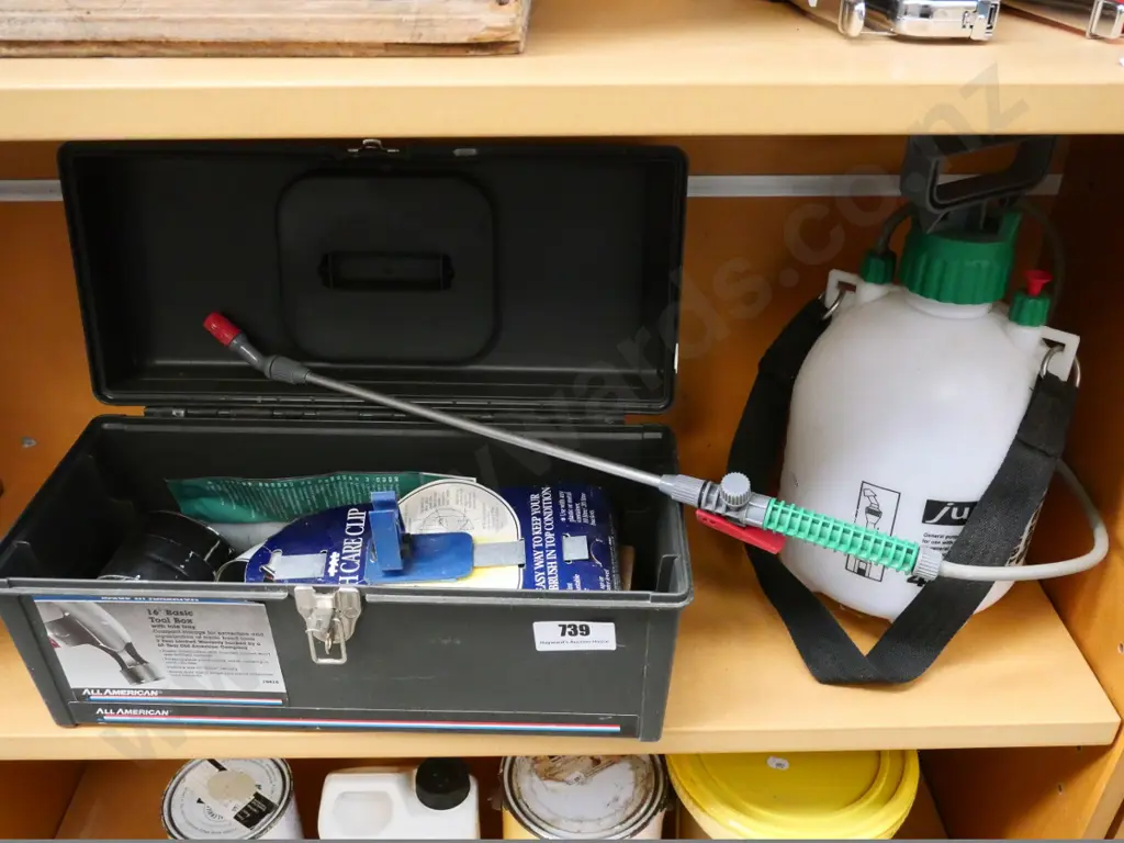 4l garden sprayer and a toolbox with contents Image 1++