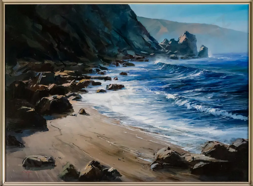 Colin C Wynn - framed oil - "Easterly Windswells, Fighting Bay, Cook Strait" H-550 W-740 Image 1++
