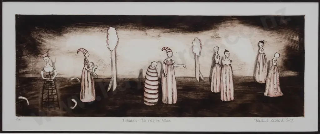 Rachael Garland 2003 - framed hand coloured etching 7/10 "Initiation - the call to arms" H-170 W-490 Image 1++
