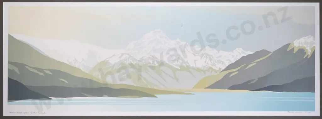illegible signature - framed screenprint 121/150 - "Mount Cook from Lake Pukaki" H-280 W-810 Image 1++