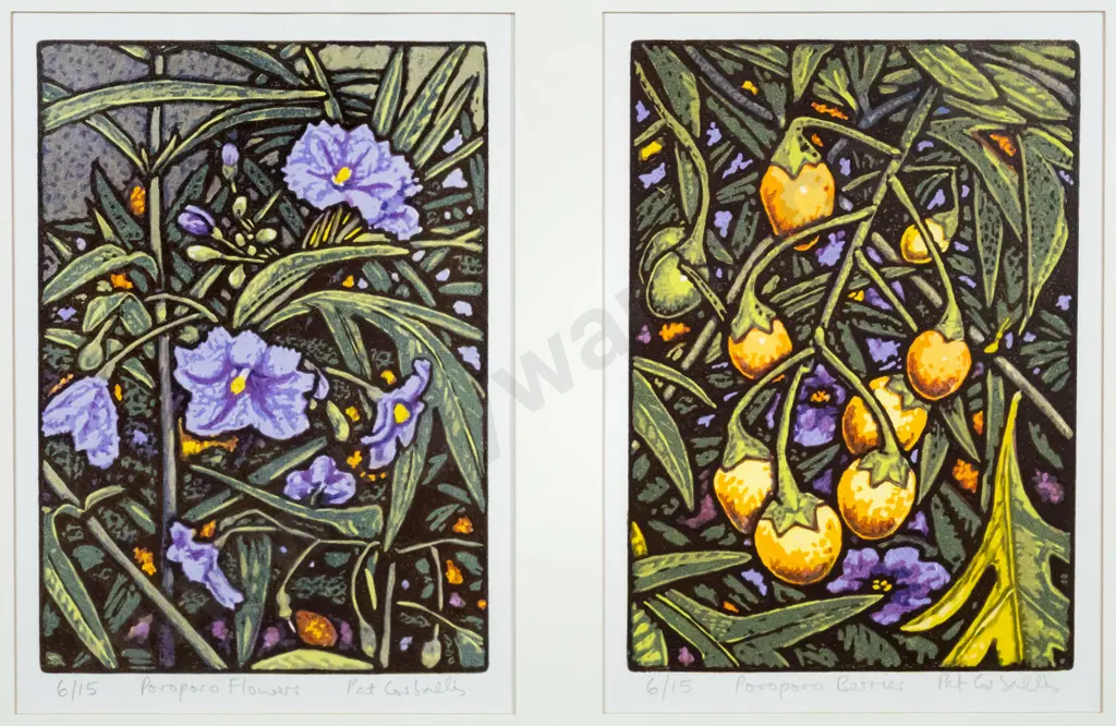 Pat Corballis - framed colour lino cuts x2 No. 6/15 - Poro Poro Flowers / Poro Poro Berries - each H-240 W-170 Image 1++