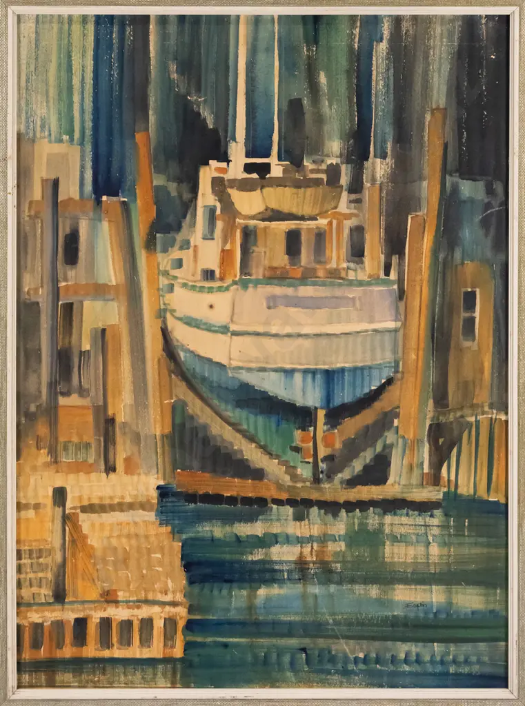 Clark Esplin - framed watercolour - "On the Slip" (very slight foxing) H-730 W-530 Image 1++