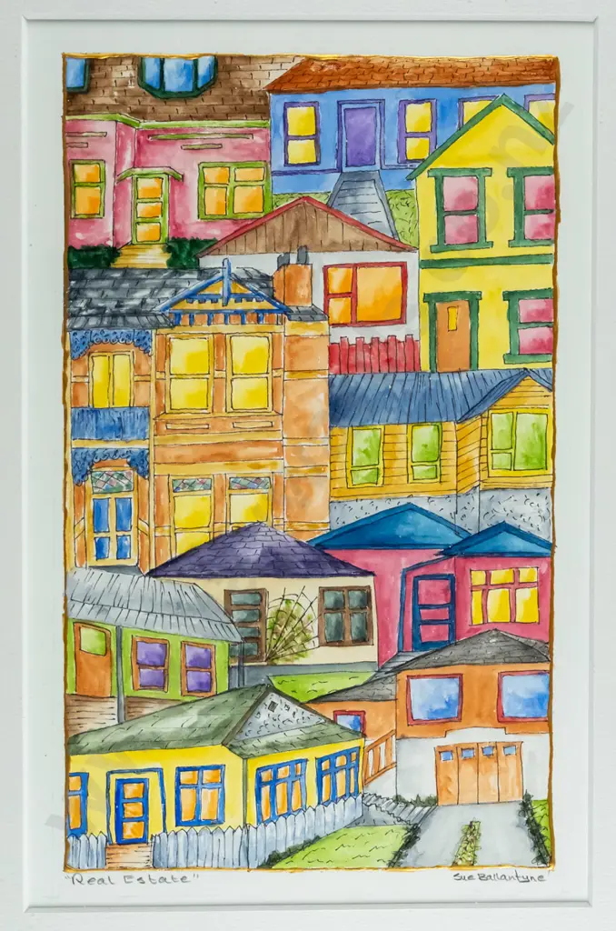 Sue Ballantyne - framed ink and watercolour - "Real Estate" H-230 W-140 Image 1++