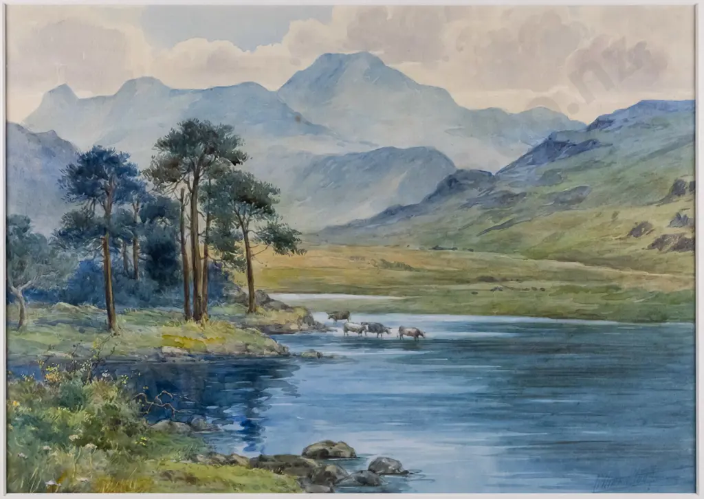 illegible signature - framed watercolour - cattle at lake H-245 W-340 Image 1++