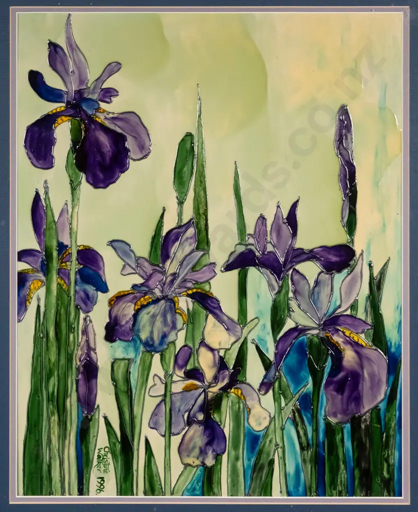 Christine Walker, 1996 - framed mixed media - irises H-380 W-310 Image 1++